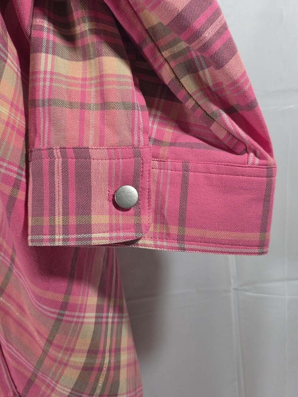 CJ Banks Women’s Plaid Button Front Shirt Jacket 1X Pink Stretch Long Sleeve Poc - Picture 6 of 10